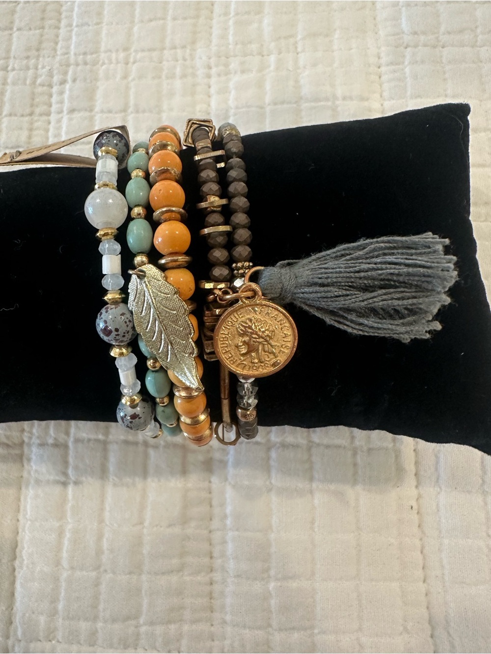 Layered Beaded Stretch Bracelet Set with Tassel and Coin Charm - Mustard & Mint